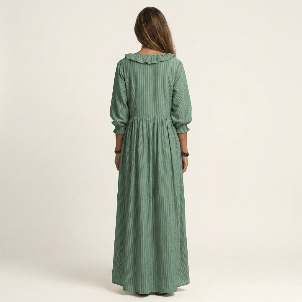 Yosetta | Gestreiftes Maxikleid mit Rüschen, V-Ausschnitt und Laternenärmeln