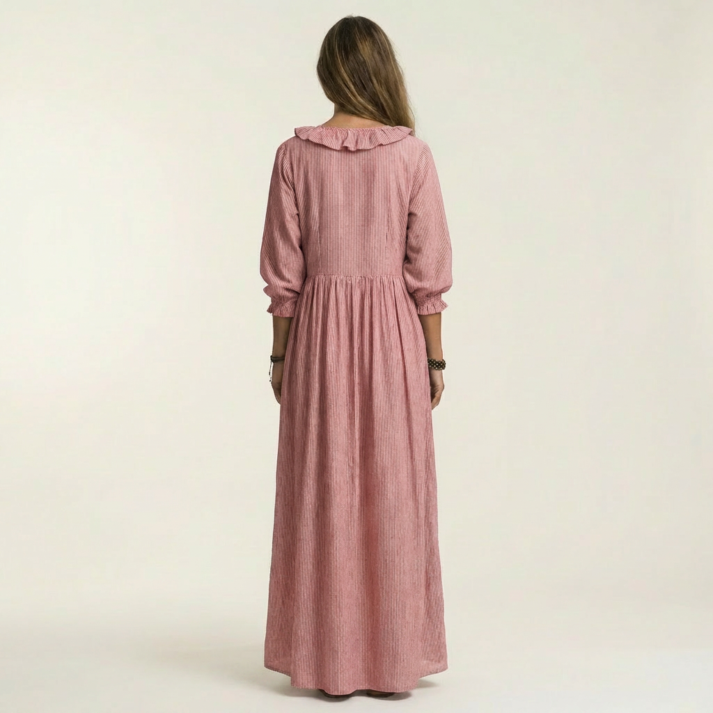 Yosetta | Gestreiftes Maxikleid mit Rüschen, V-Ausschnitt und Laternenärmeln