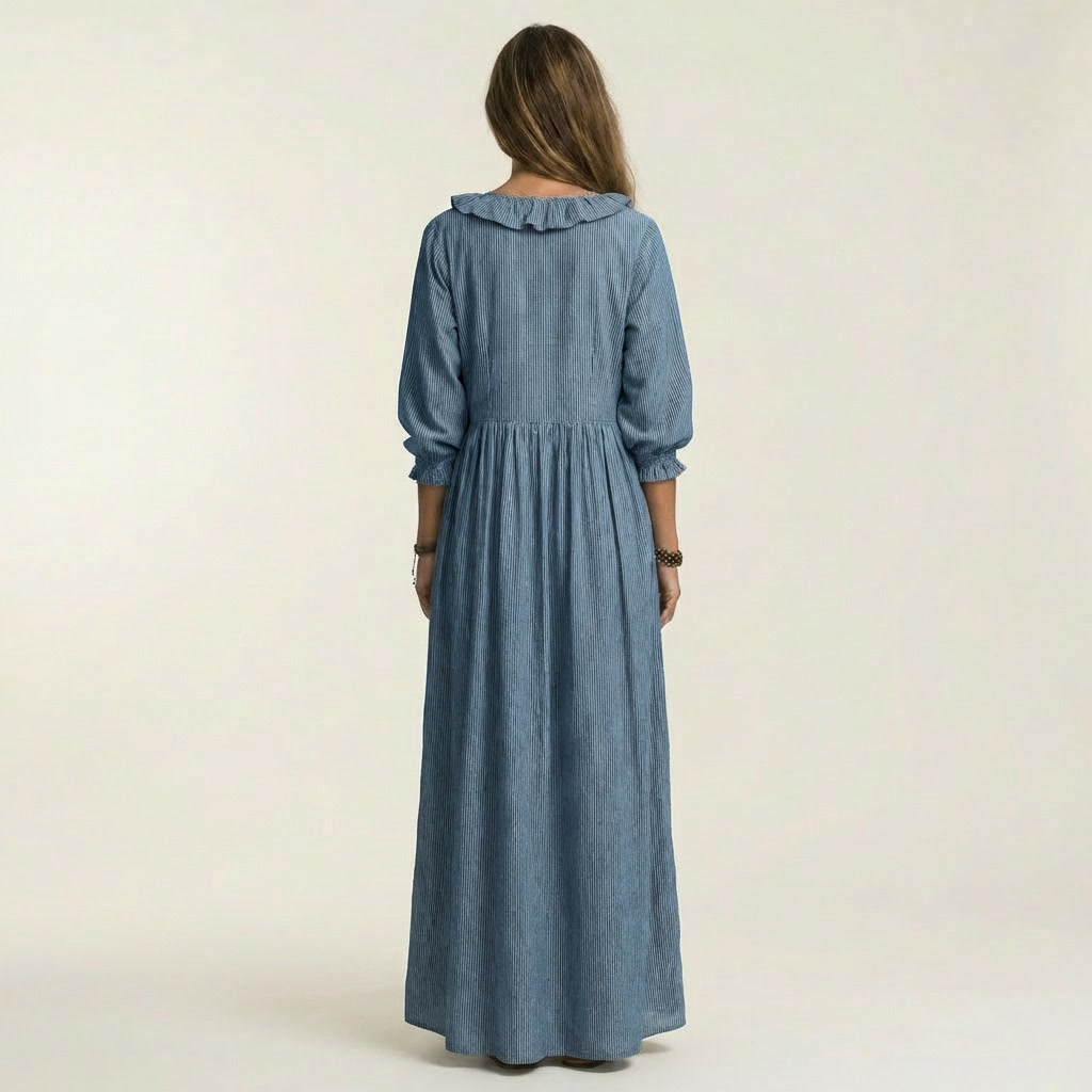 Yosetta | Gestreiftes Maxikleid mit Rüschen, V-Ausschnitt und Laternenärmeln