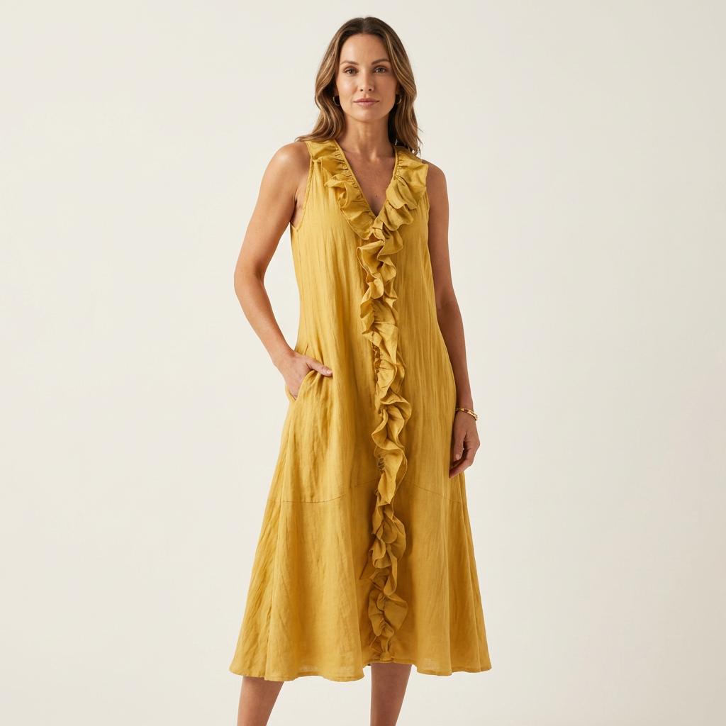Vicky | Ärmelloses Leinen-Maxikleid mit Rüschenfront und V-Ausschnitt
