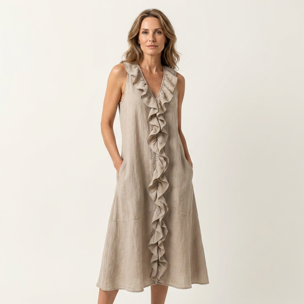 Vicky | Ärmelloses Leinen-Maxikleid mit Rüschenfront und V-Ausschnitt