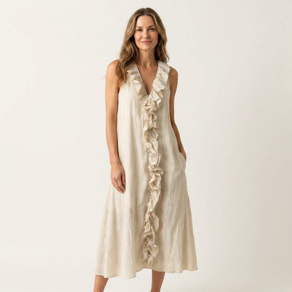 Vicky | Ärmelloses Leinen-Maxikleid mit Rüschenfront und V-Ausschnitt