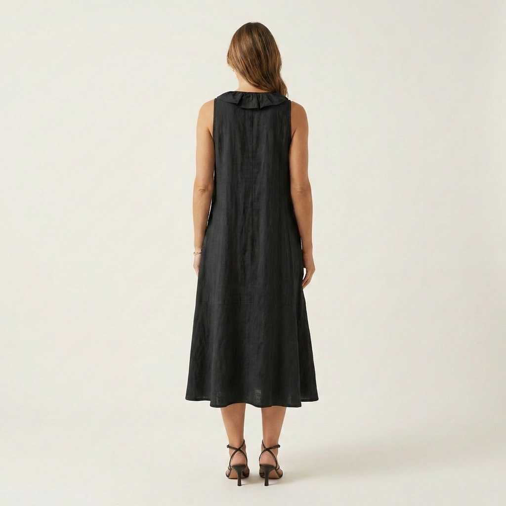 Vicky | Ärmelloses Leinen-Maxikleid mit Rüschenfront und V-Ausschnitt