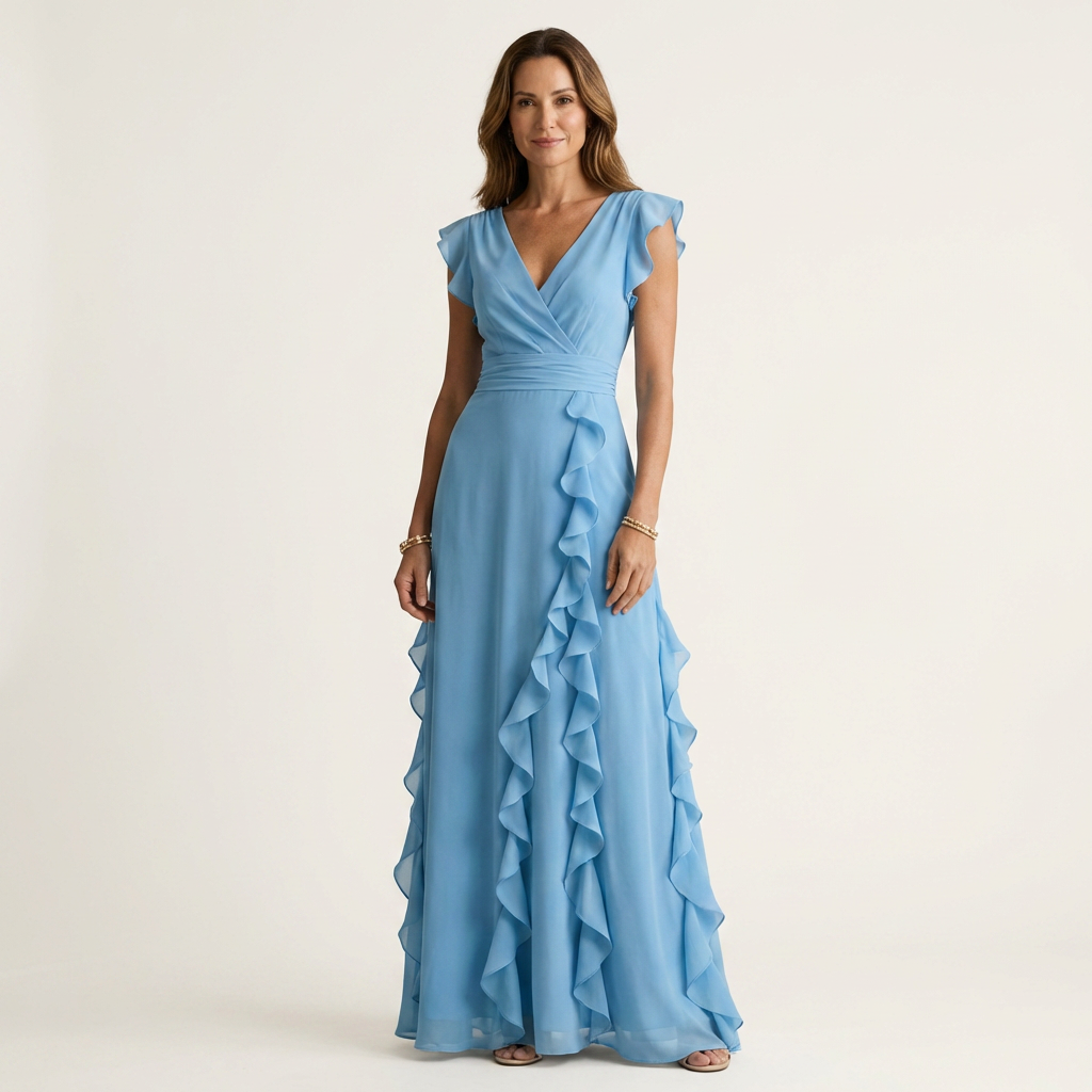 Nellyana | Maxikleid im Wickelstil mit V-Ausschnitt, flatternden Ärmeln und kaskadenförmigen Rüschen