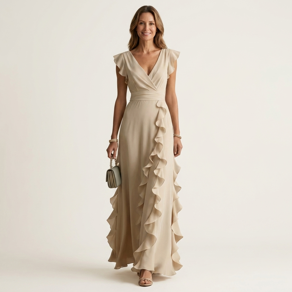 Nellyana | Maxikleid im Wickelstil mit V-Ausschnitt, flatternden Ärmeln und kaskadenförmigen Rüschen