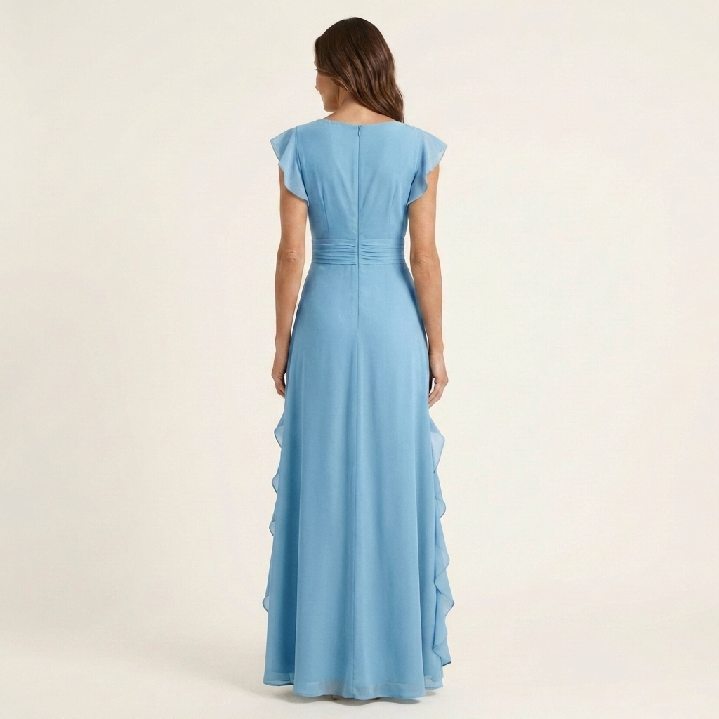 Nellyana | Maxikleid im Wickelstil mit V-Ausschnitt, flatternden Ärmeln und kaskadenförmigen Rüschen