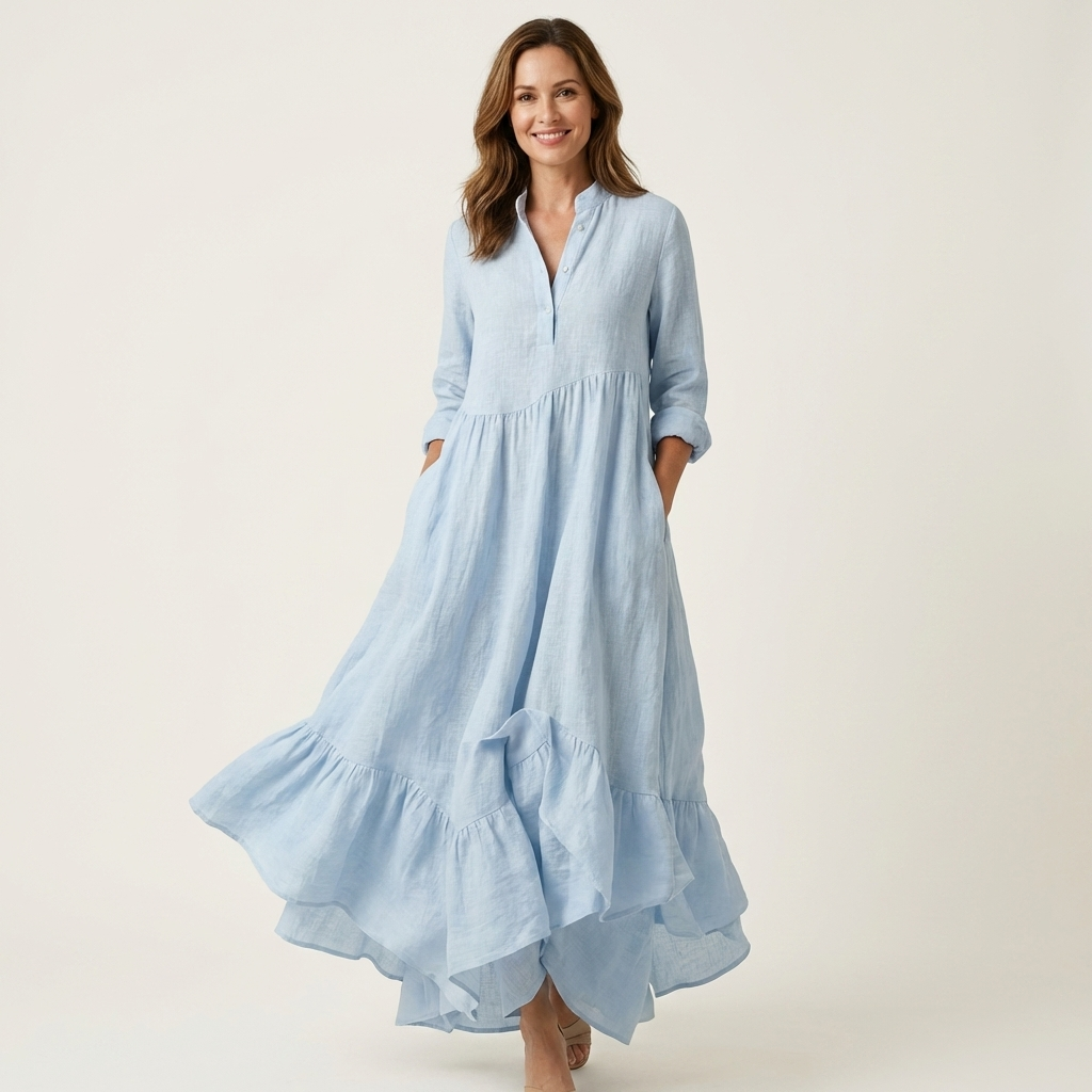 Jilana | Maxikleid mit Stehkragen, Knopfleiste vorne und Rüschen am Saum
