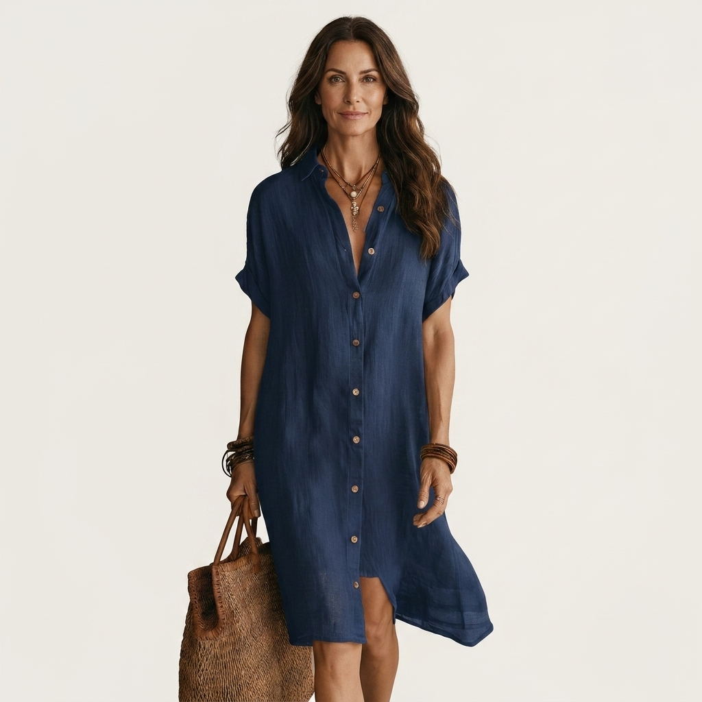 Nidalie | Midi-Shirtkleid aus Baumwoll-Leinen mit umgeschlagenen Ärmelbündchen