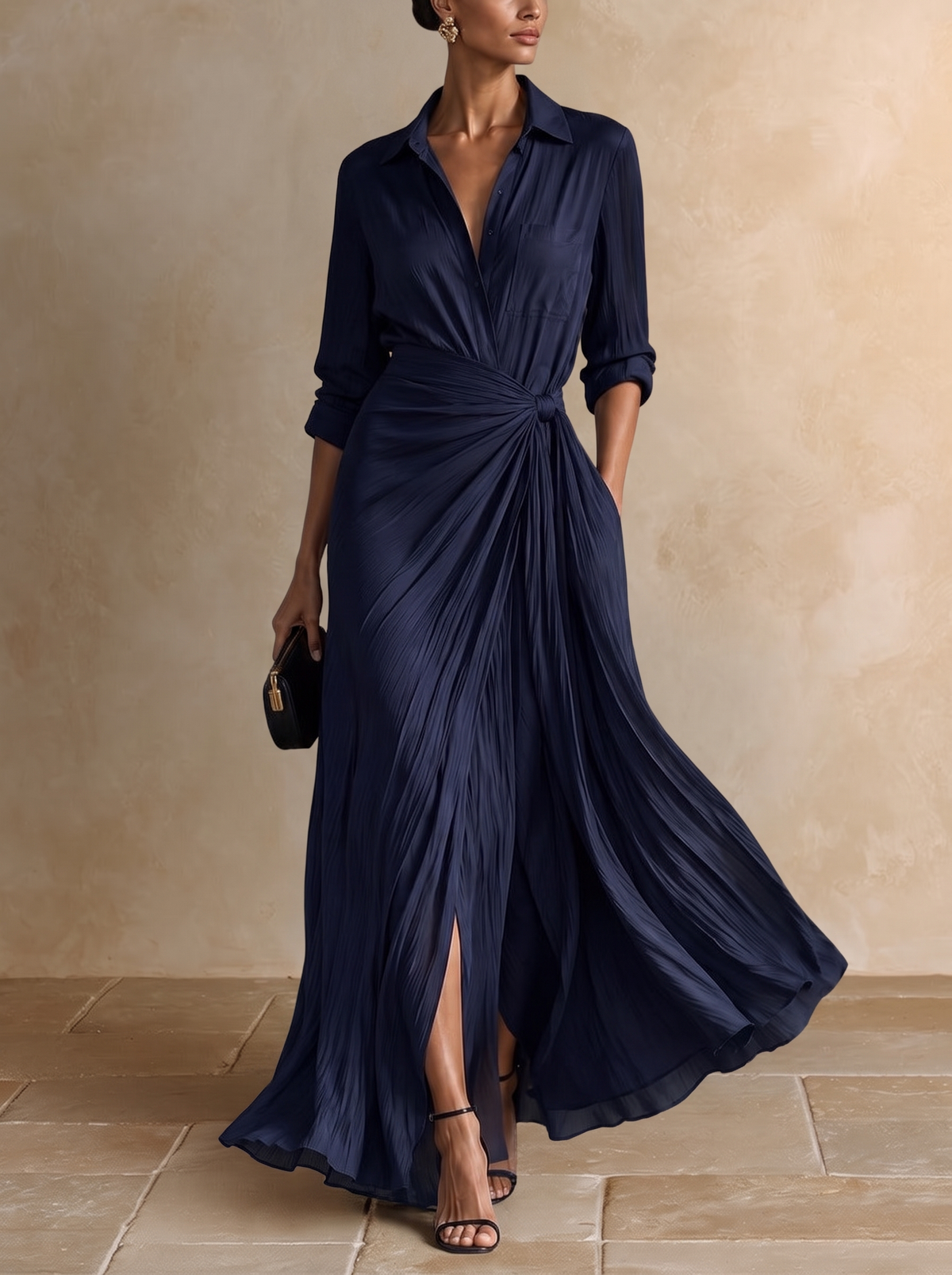 Gabrielle | Elegantes marineblaues Hemdblusen-Maxikleid mit Bindetail