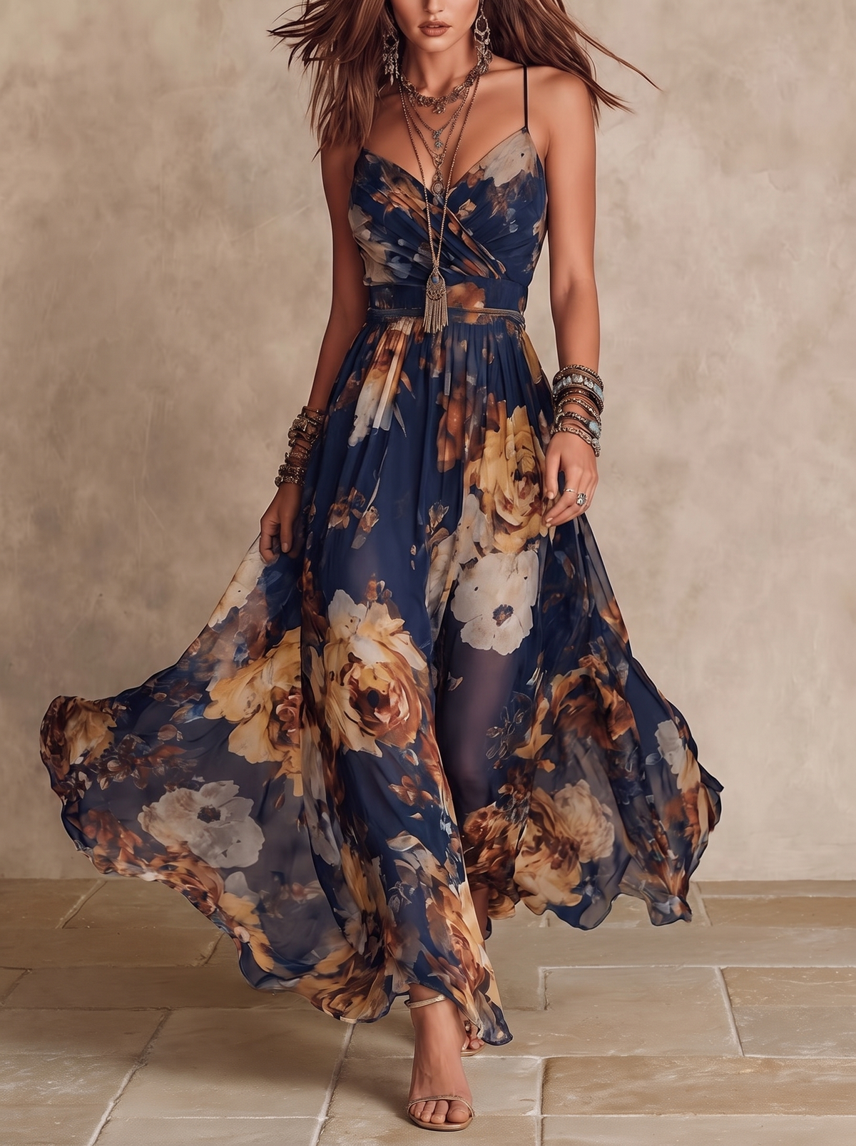 Adrienne | Marineblaues Chiffon-Maxikleid mit Blumenprint und Spaghettiträgern