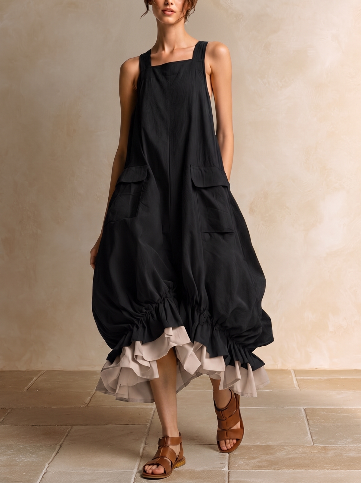 Danielle | Ärmelloses Ballon-Midikleid mit großen Taschen, Lagen und Volantsaum