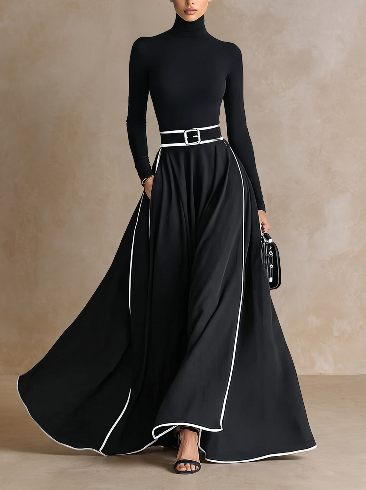 Colette | Schwarzes Damen-Maxikleid mit weißen Nähten, Stehkragen, langen Ärmeln und taillierter Passform