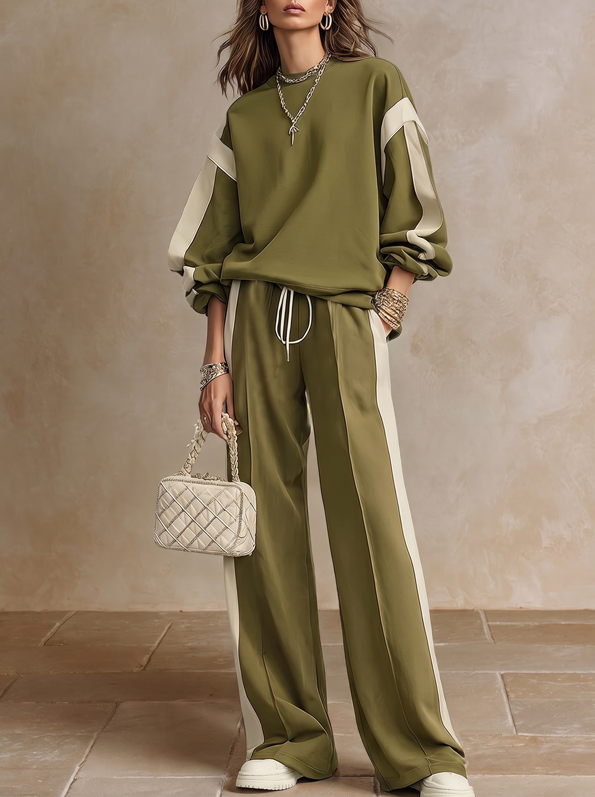 Solange | Olivgrünes Casual-Set aus Rundhals-Sweatshirt und weiter Kordelzughose