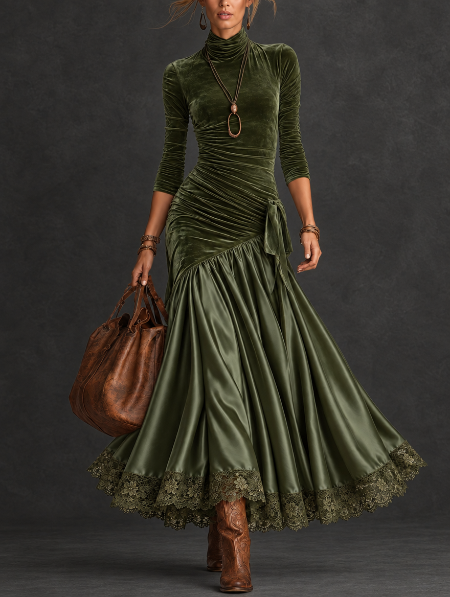 Antonella | Olivgrünes Maxikleid aus Samt und Satin mit Einsätzen und Spitzensaum