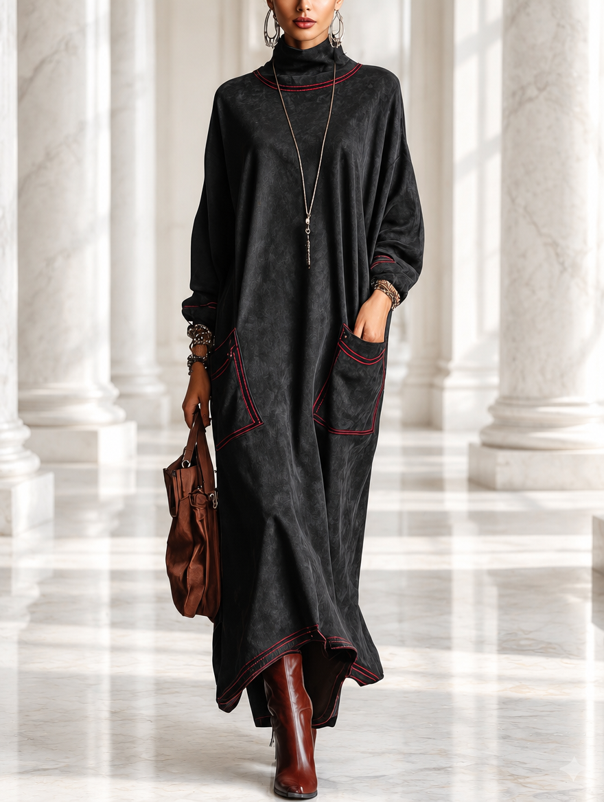 Manuela | Schwarzes Maxikleid aus Kunstwildleder mit roten Kontrastnähten und aufgesetzten Taschen