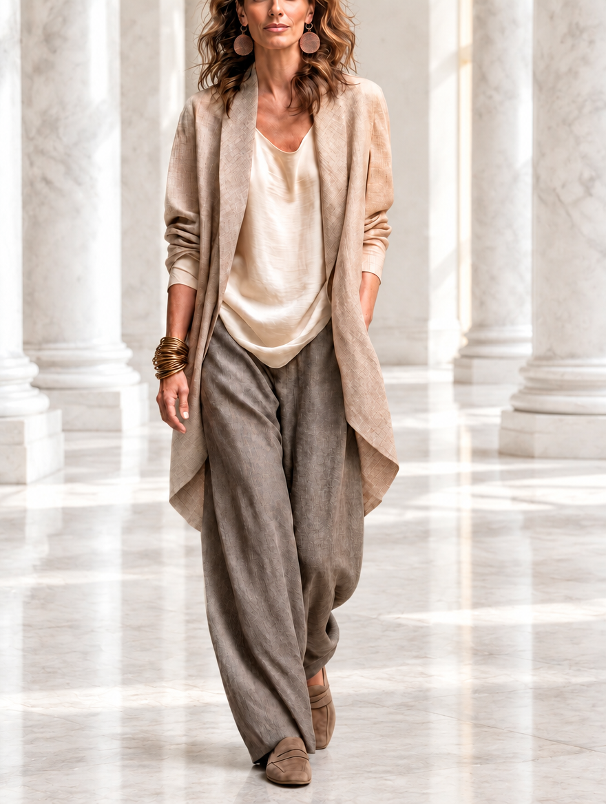 Costanza | Elegantes dreiteiliges Set in Beige und Grau mit mehrlagiger Palazzo-Hose