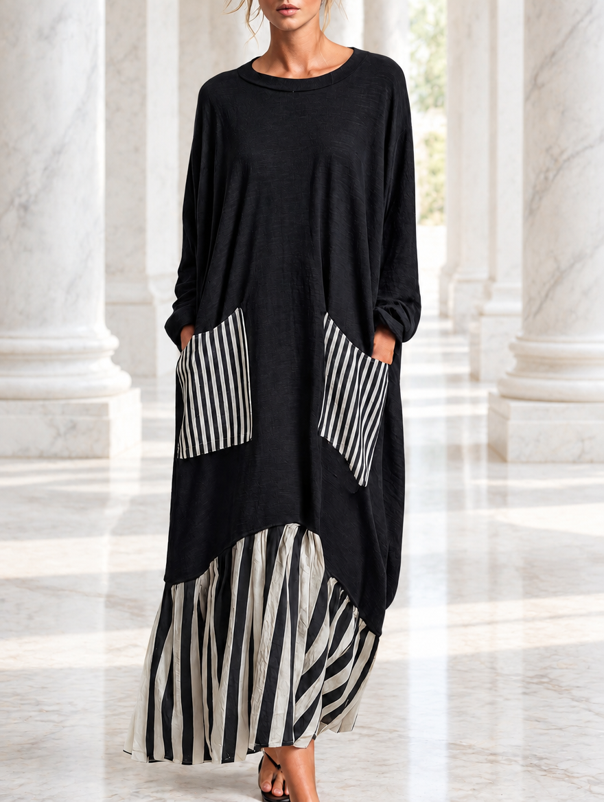 Stefania | Schwarzes Oversize-Maxikleid aus Baumwolle mit Streifen im Patchwork-Stil