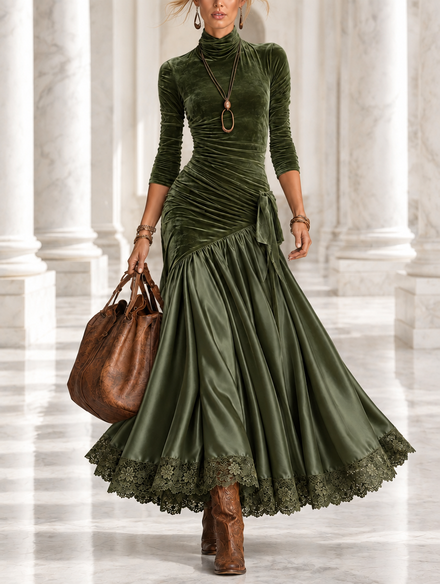 Antonella | Olivgrünes Maxikleid aus Samt und Satin mit Einsätzen und Spitzensaum