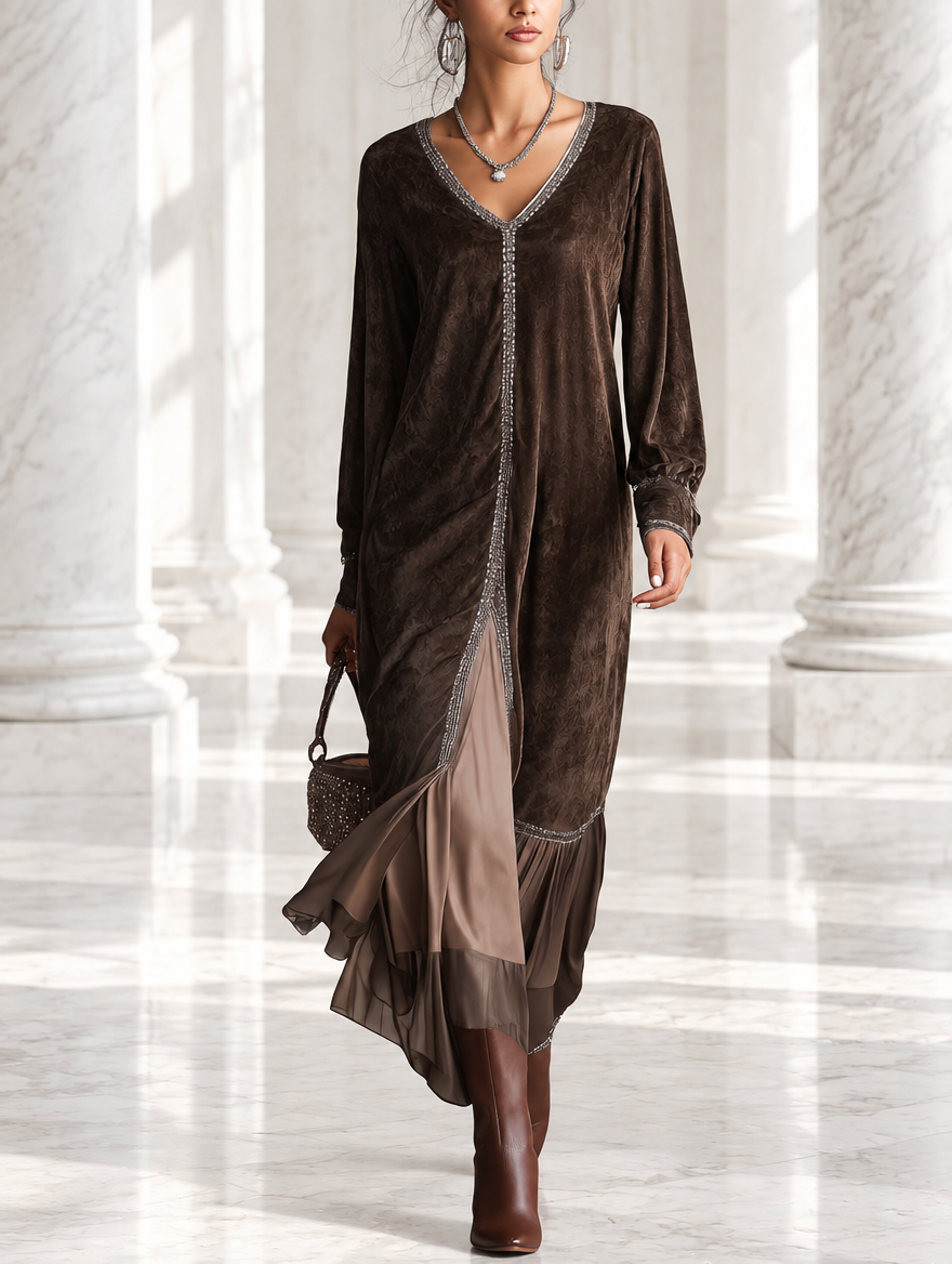 Teresa | Ausgestelltes Midikleid aus Kunstwildleder mit V-Ausschnitt und Zierdetails