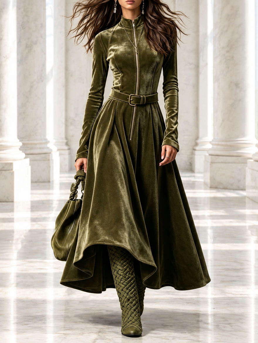 Raffaella | Olivgrünes Maxikleid aus Samt mit Reißverschluss im Vintage-Stil (Gürtel inklusive)