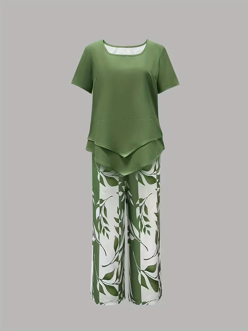 Avy™ | Casual Leaf Print Zweiteiliges Set