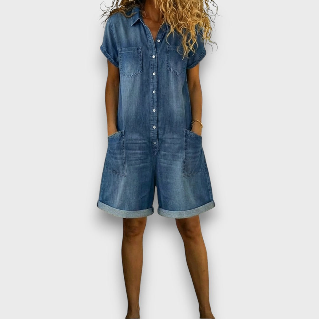 Joan | Vintage kurze Latzhose aus Baumwolle im Denim-Look