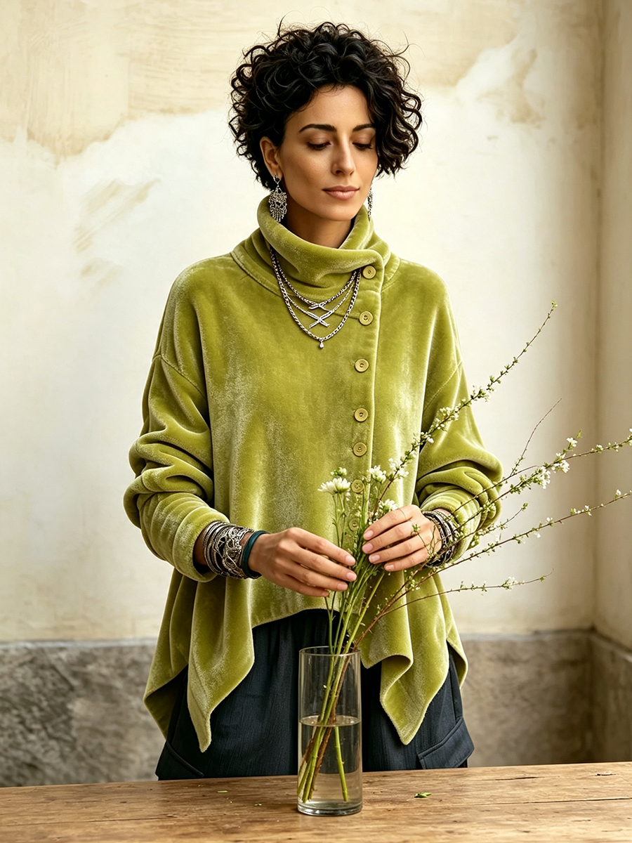 Capucine – Asymmetrisches Samtoberteil mit Stehkragen