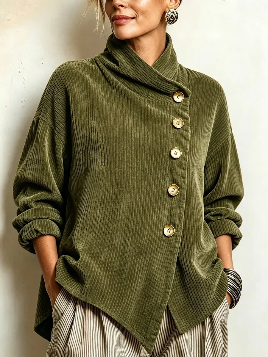 Olivia – Cordbluse mit schräger Knopfleiste – Olivgrün