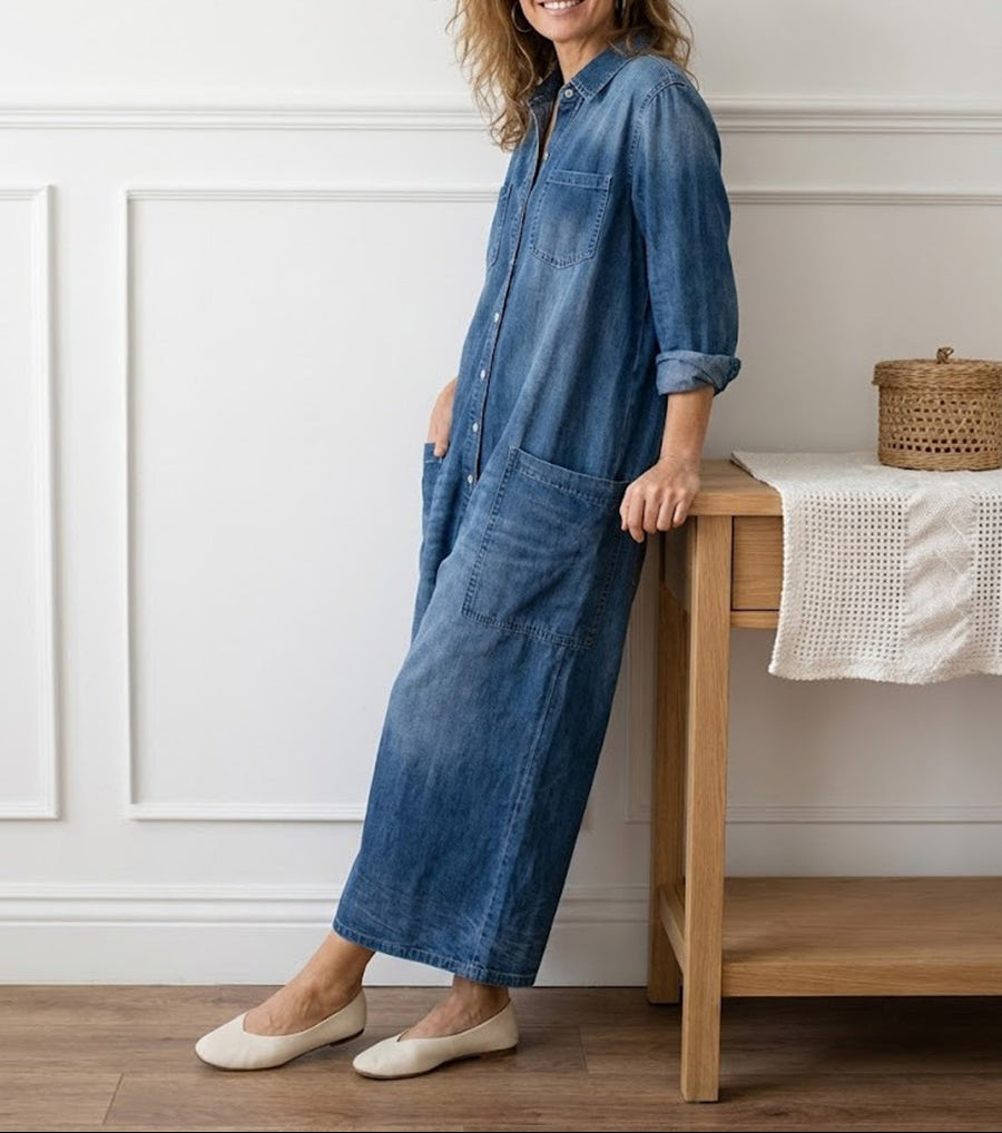 Diana | Vintage Washed Soft Cotton Denim Jumpsuit mit Knopfverschluss