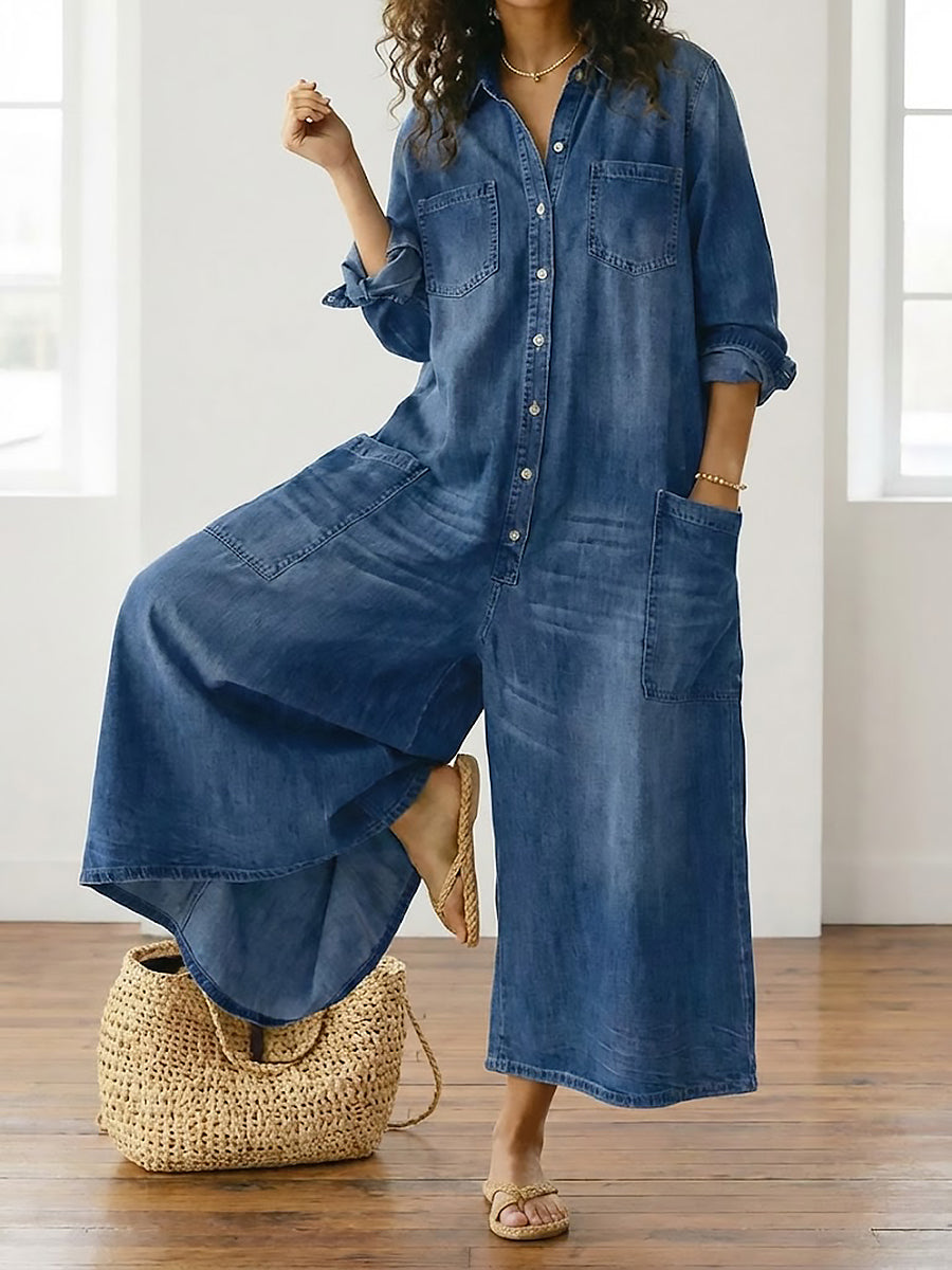 Diana | Vintage Washed Soft Cotton Denim Jumpsuit mit Knopfverschluss