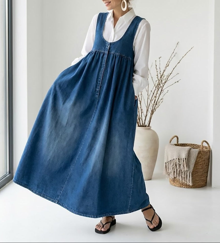 Karen | Vintage Washed Soft Cotton Feel Denim Maxikleid