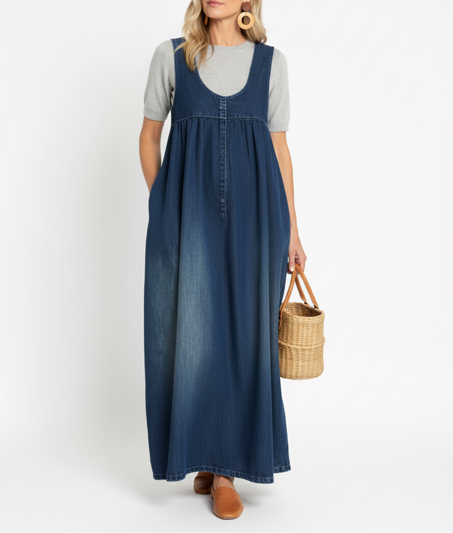 Karen | Vintage Washed Soft Cotton Feel Denim Maxikleid