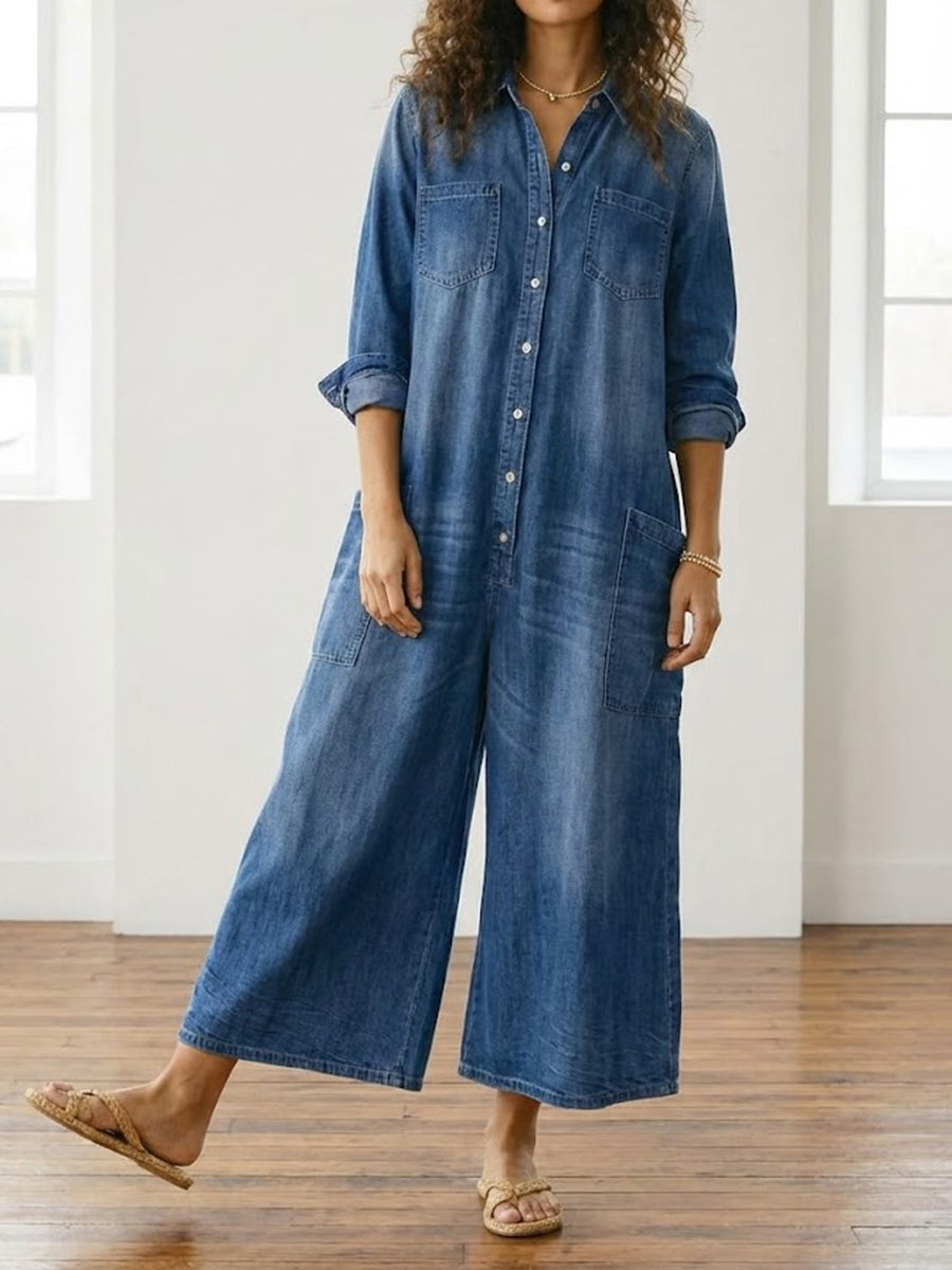 Diana | Vintage Washed Soft Cotton Denim Jumpsuit mit Knopfverschluss