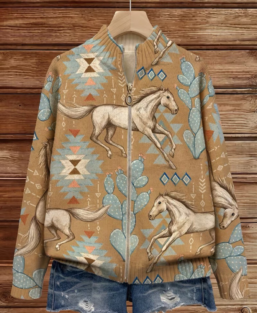 Perpetua™ | Reißverschluss-Cardigan mit Wüstenpferd- und Kaktusmotiv