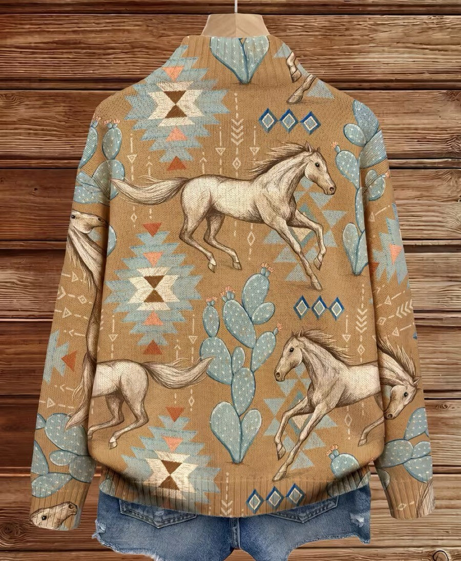 Perpetua™ | Reißverschluss-Cardigan mit Wüstenpferd- und Kaktusmotiv