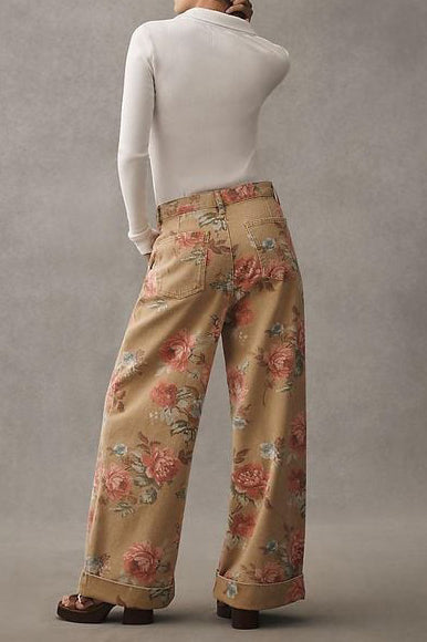 Florale Weite Rohre Hohe Taille Freizeithosen