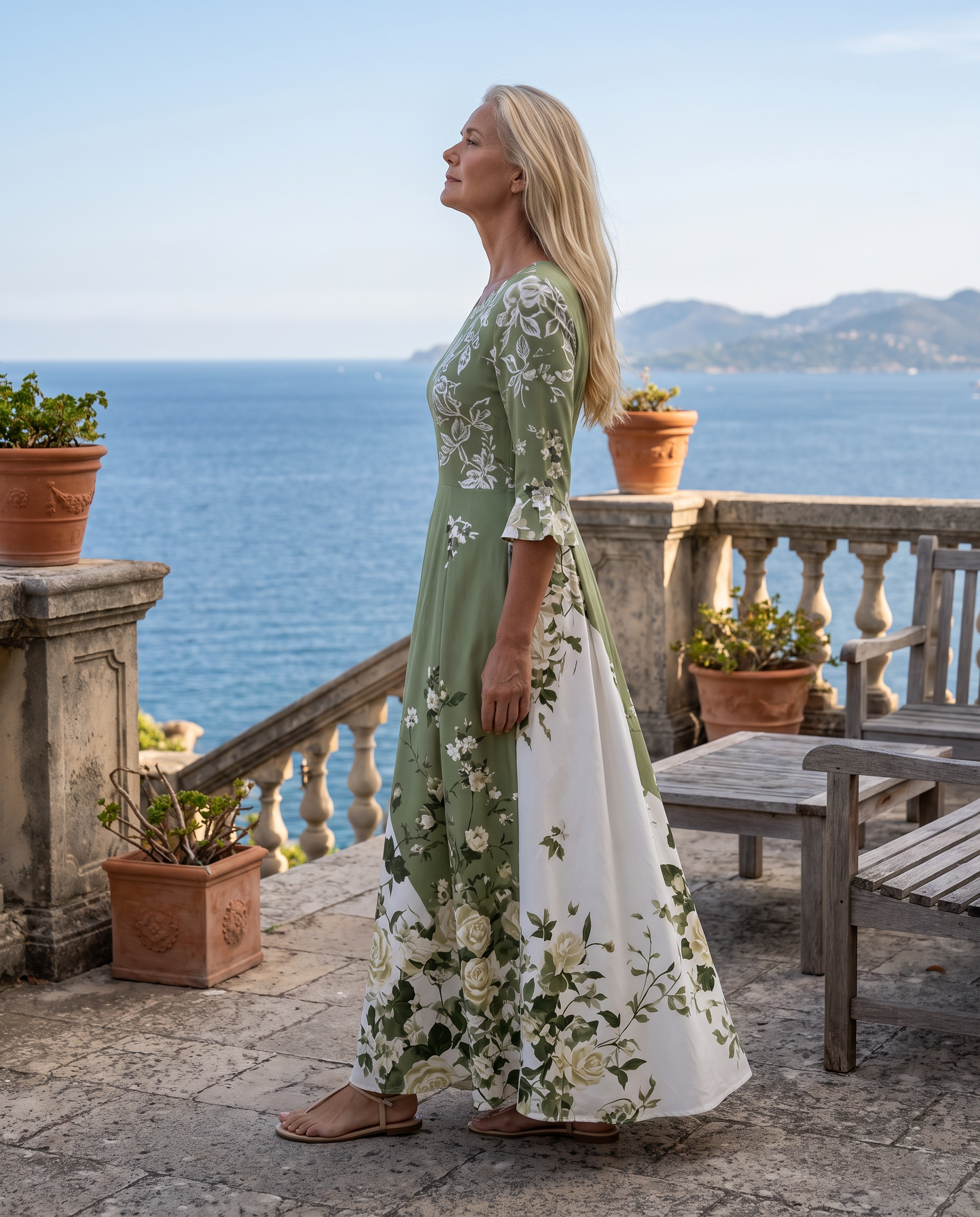 Salbeigrüner Rosengarten Maxikleid mit Taschen