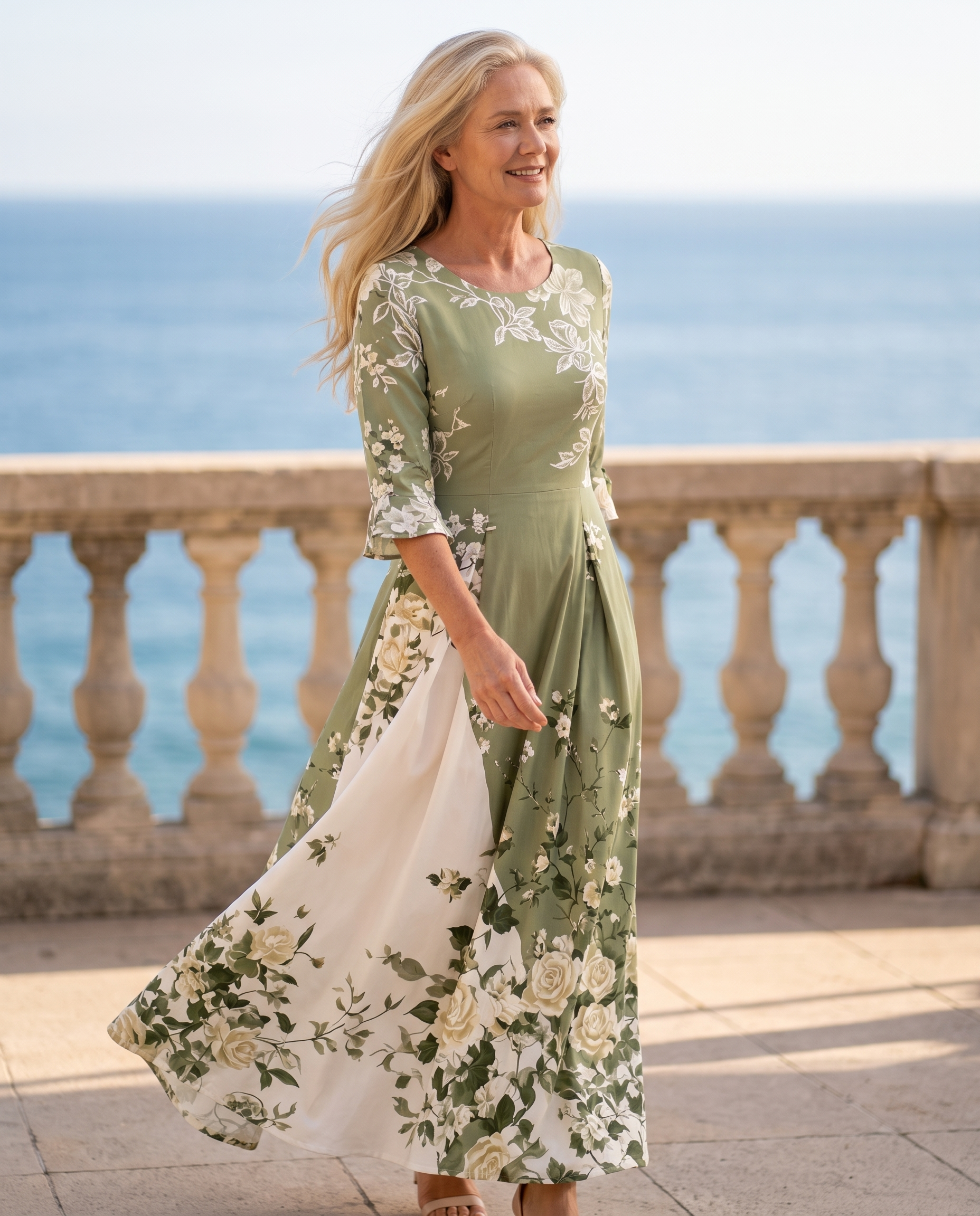 Salbeigrüner Rosengarten Maxikleid mit Taschen