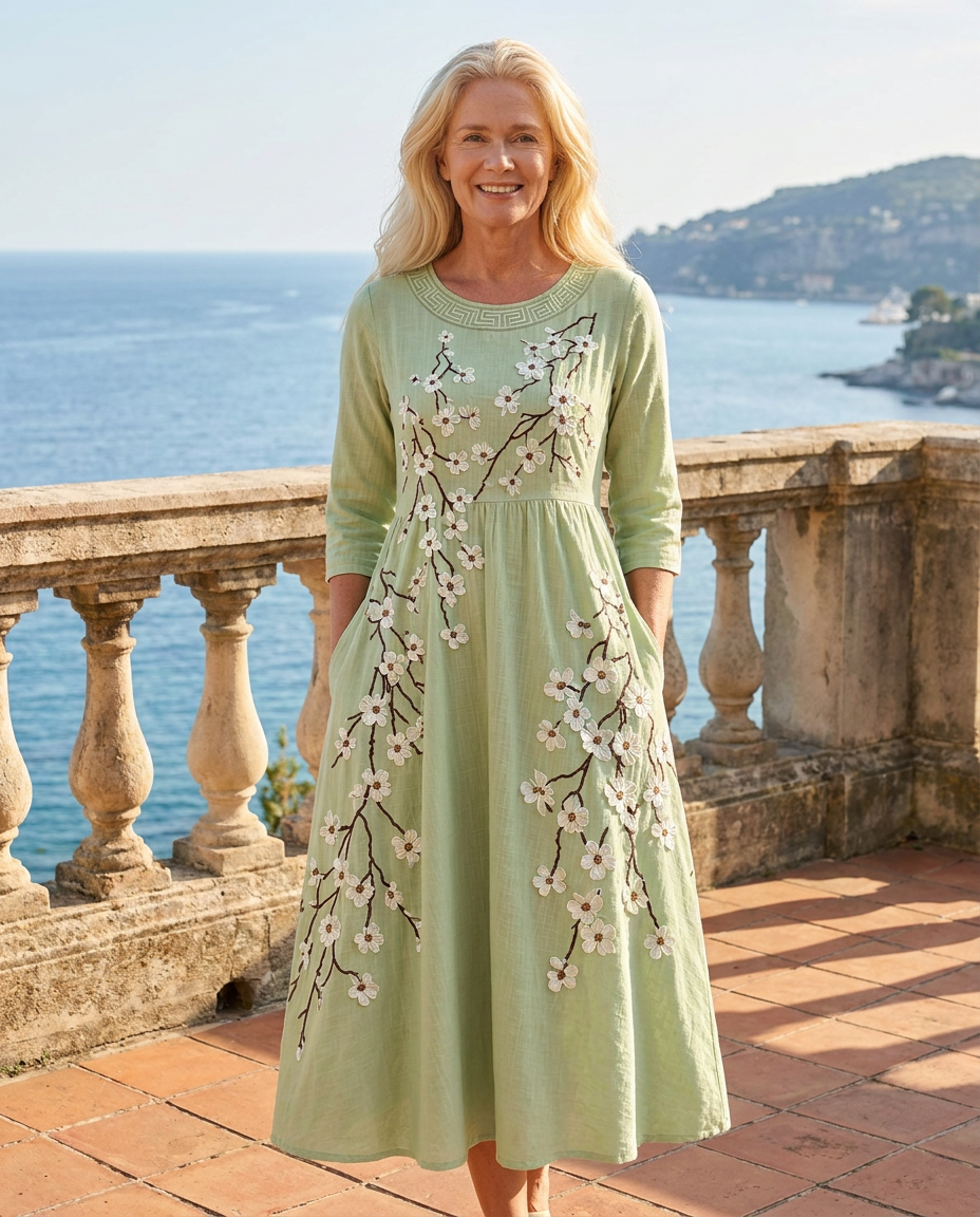 Salbeiblüten Garten-Midikleid mit Taschen