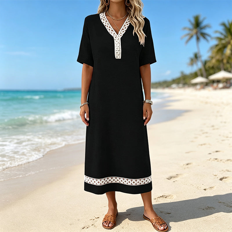 Mirella – Langes Kleid mit V-Ausschnitt und Spitze