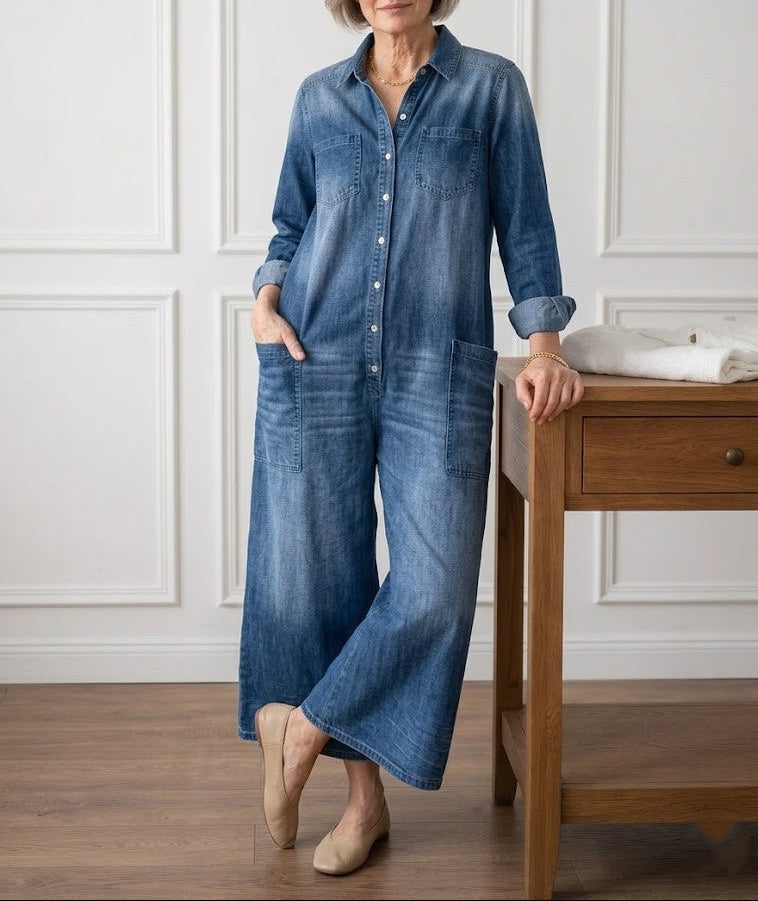 Diana | Vintage Washed Soft Cotton Denim Jumpsuit mit Knopfverschluss