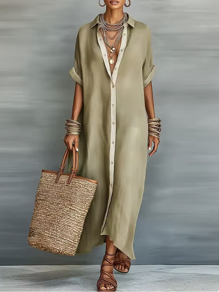 Manelle | Langes Kleid in Olivgrün mit minimalistischen Schnitten