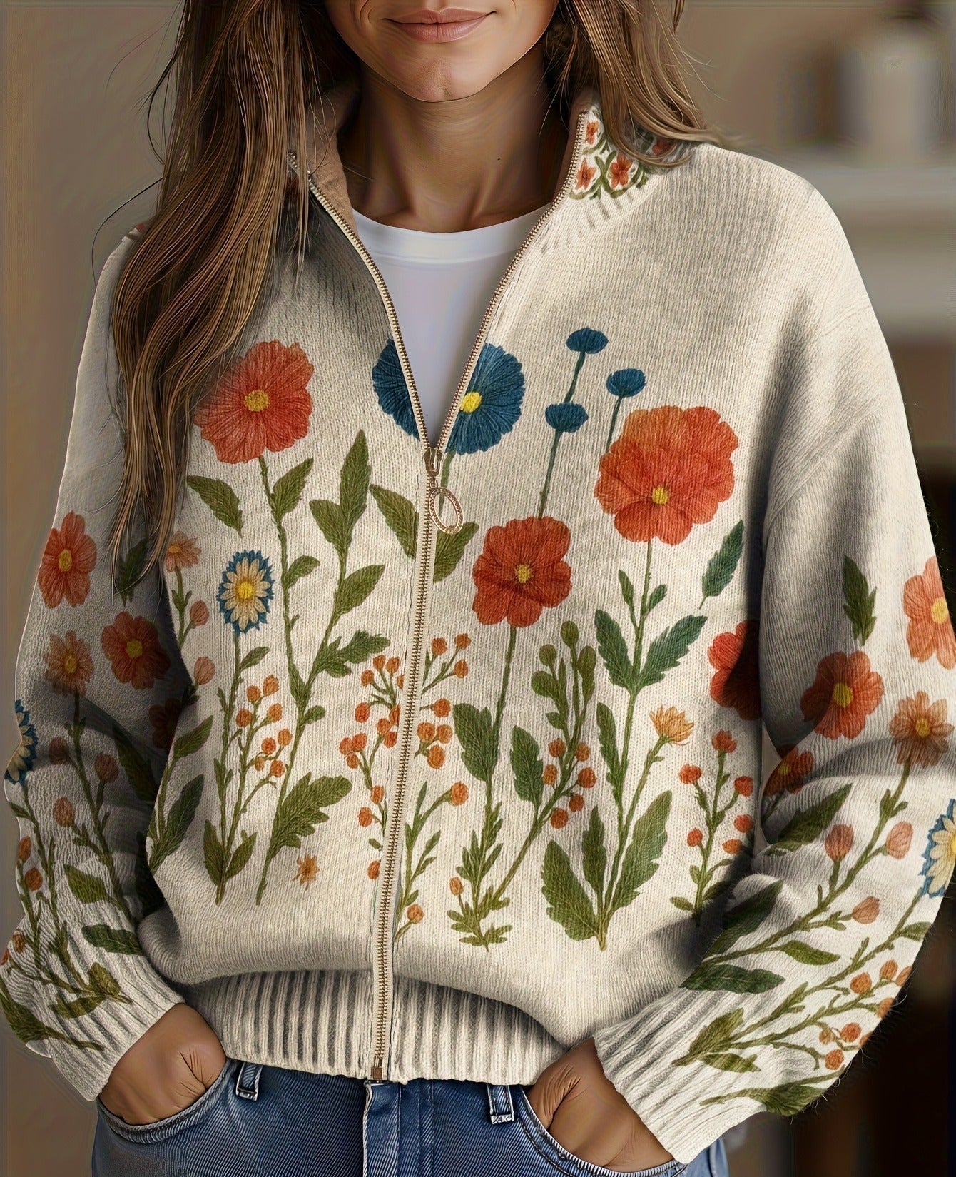 Wrenna™ | Reißverschluss-Cardigan mit Blumenwiese