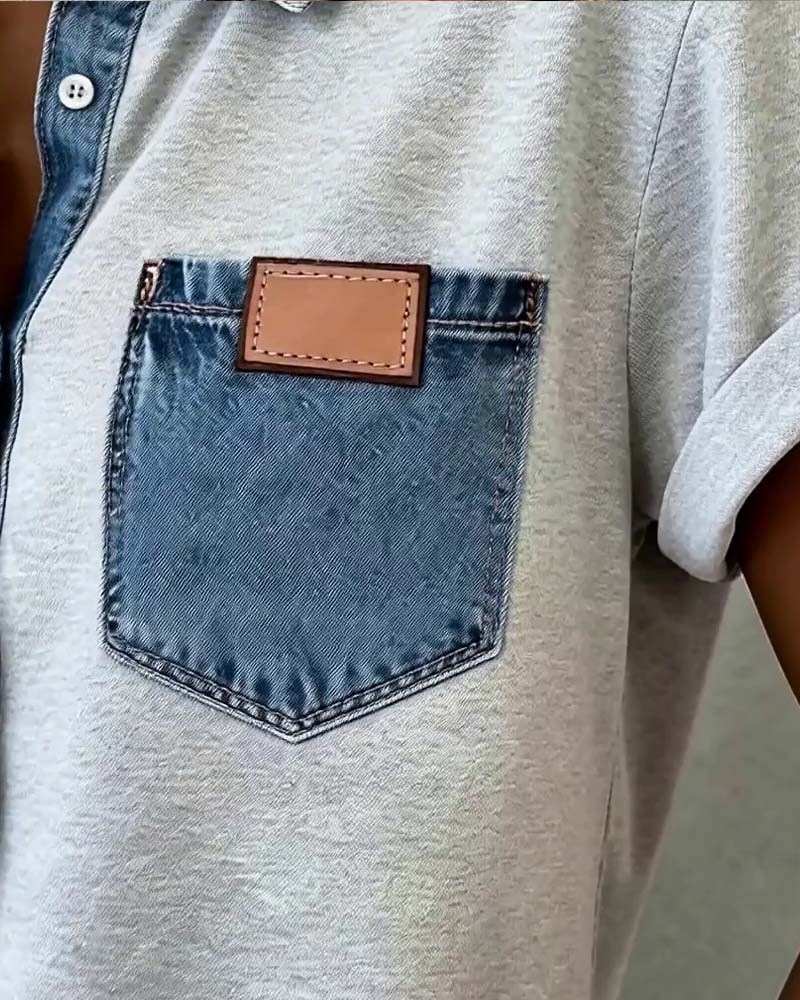 Denim Patchwork T-Shirt mit Aufschlägen