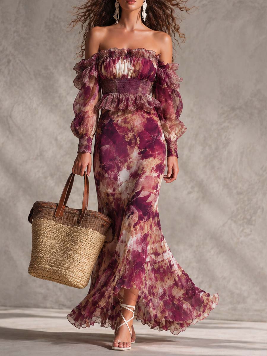 Rosanne | Chiffon-Maxikleid mit freien Schultern und Blumenmuster