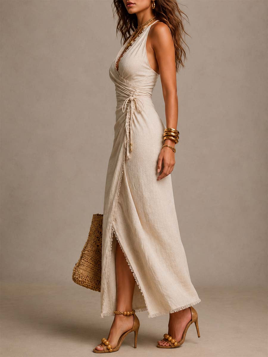 Helena – Beiges Wickelkleid mit Spitze