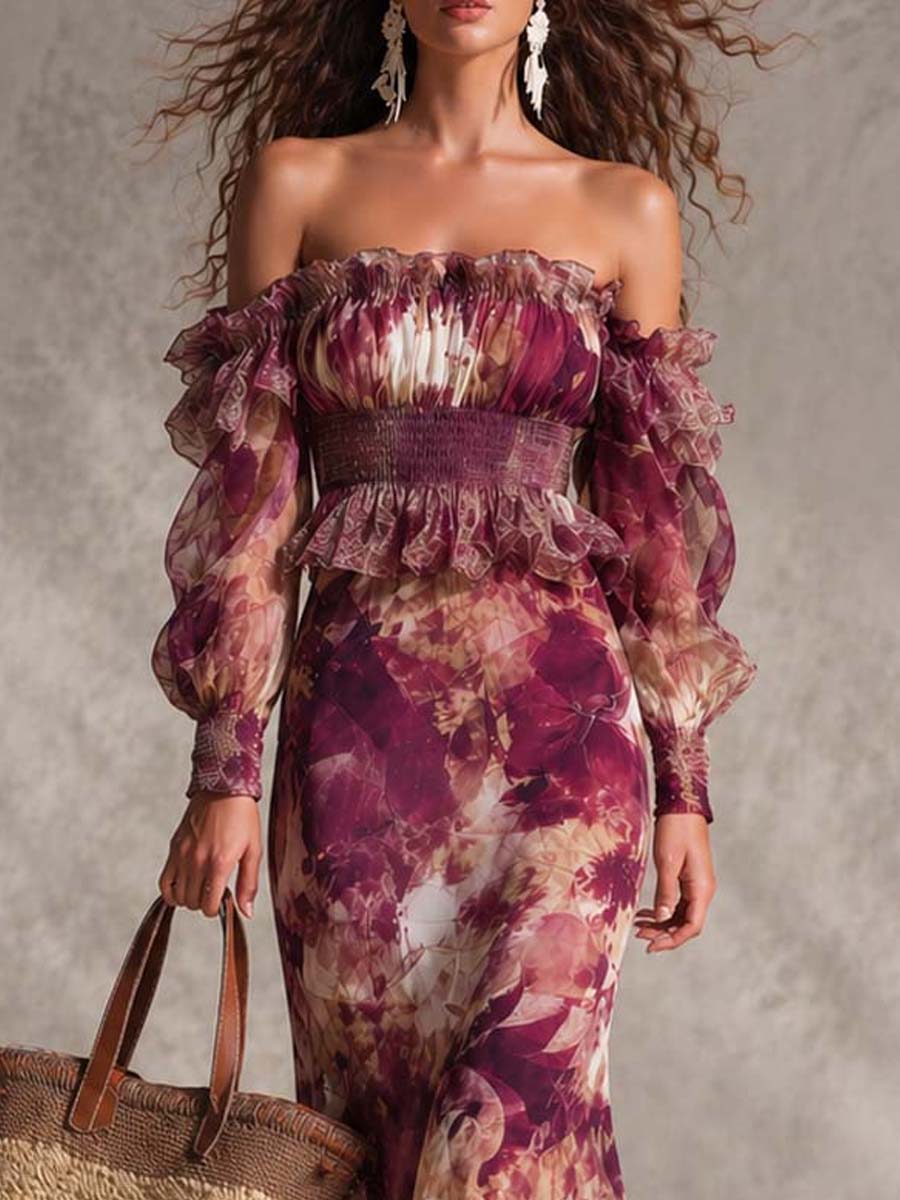 Rosanne | Chiffon-Maxikleid mit freien Schultern und Blumenmuster