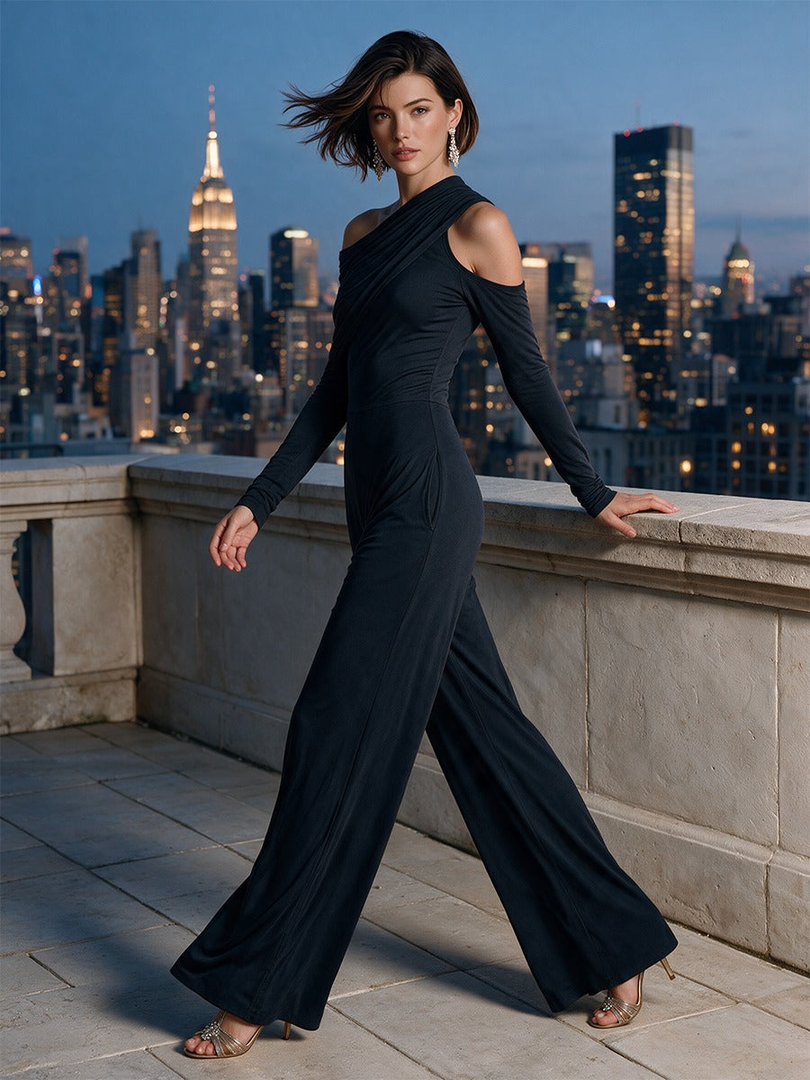 Élodie | Schwarzer One-Shoulder-Abend-Jumpsuit mit weitem Bein