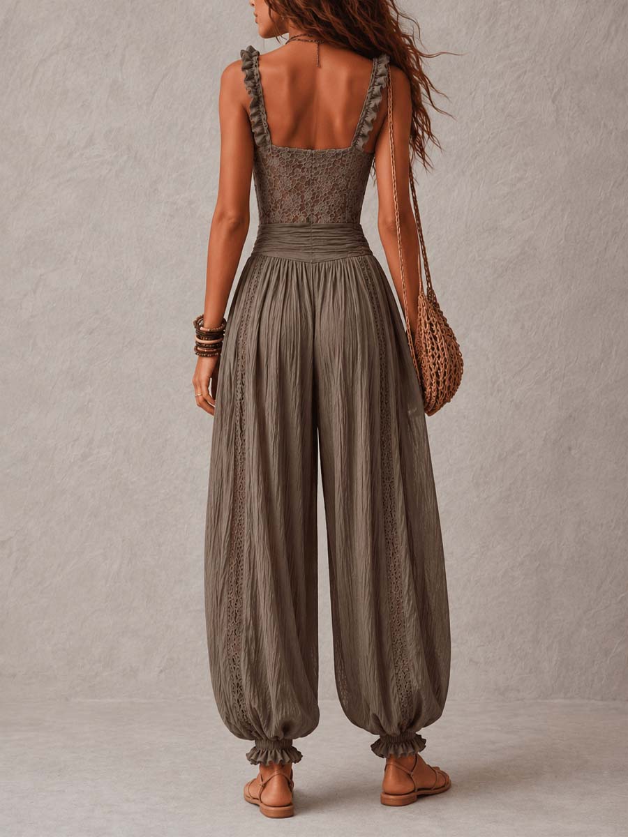 Wanda · Set mit grauem Spitzen-Bandeau und plissierter Baumwoll-Haremshose