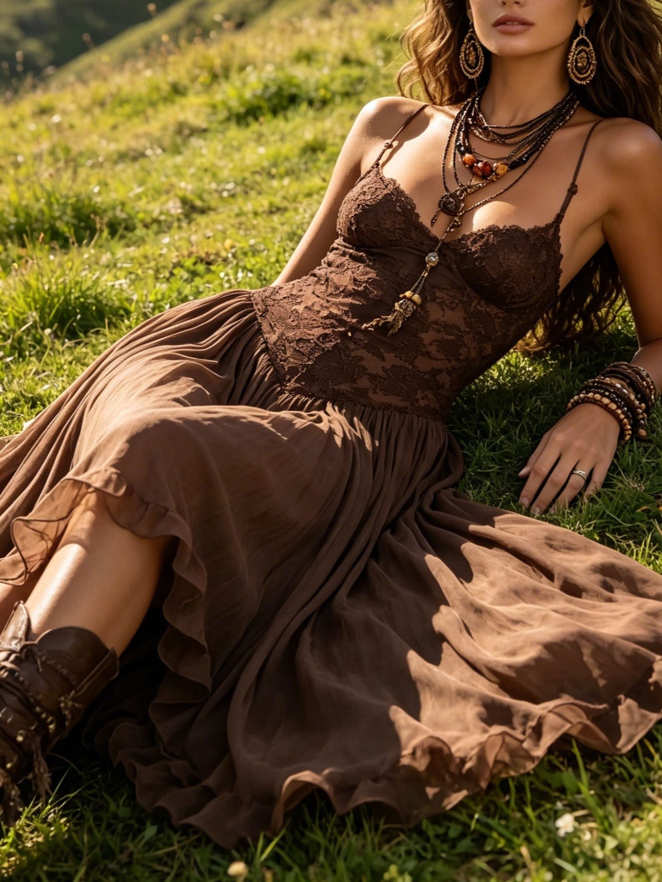 Amelie – Dunkelbraunes Chiffon-Maxikleid